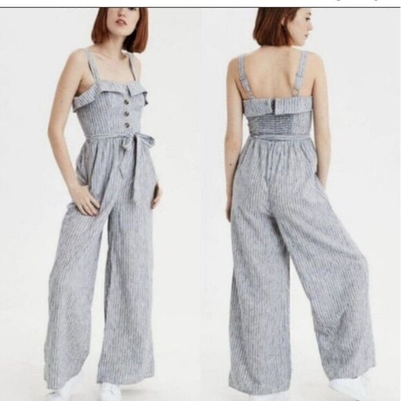 American Eagle Outfitters Sleeveless Blue & White Belted Wide Leg Romper Size 0 - Picture 1 of 15